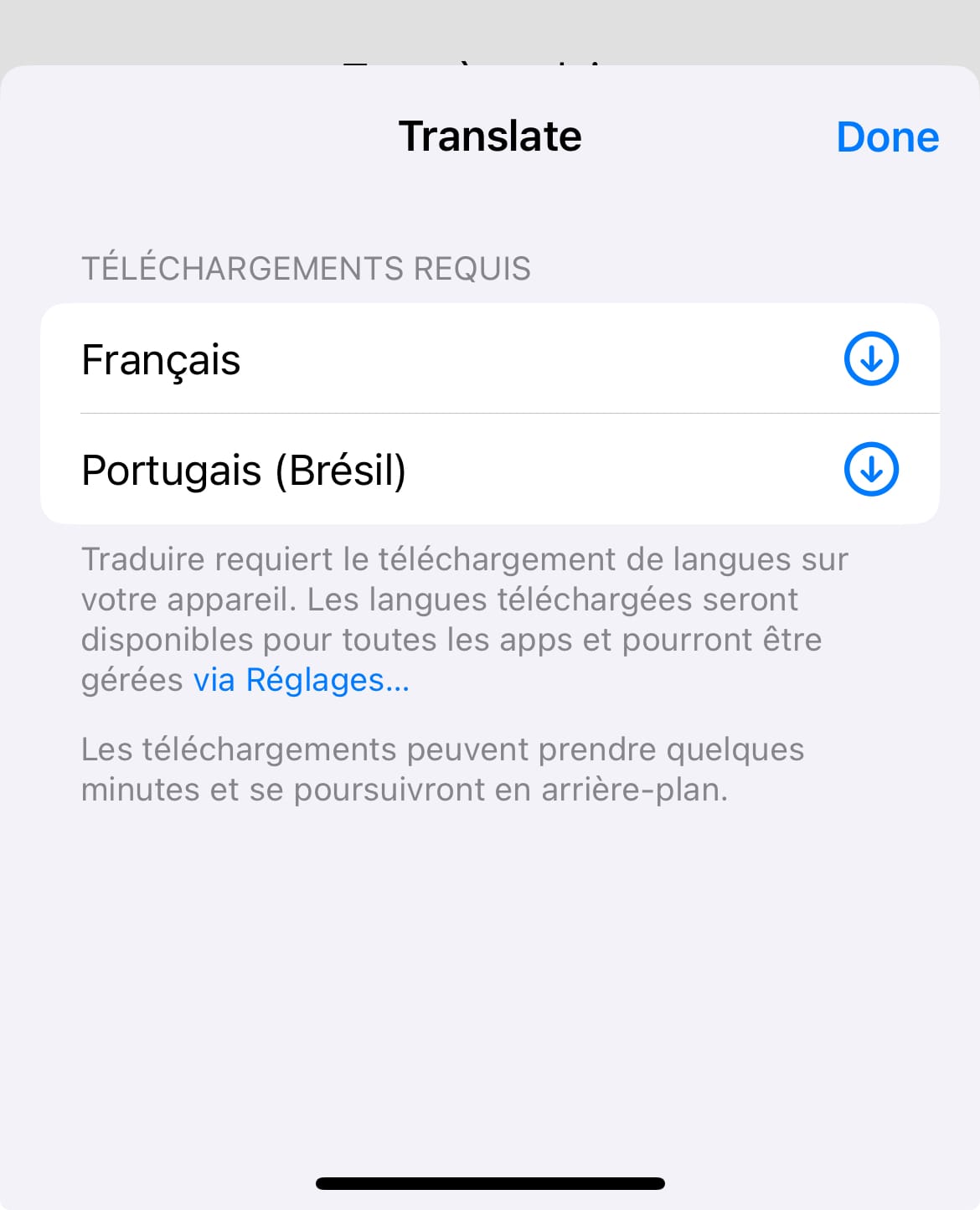 Exemple de modale système pour télécharger les langues pour une traduction