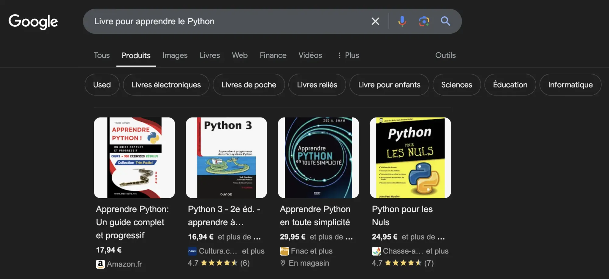 Capture d'écran d'une recherche de produits sur Google